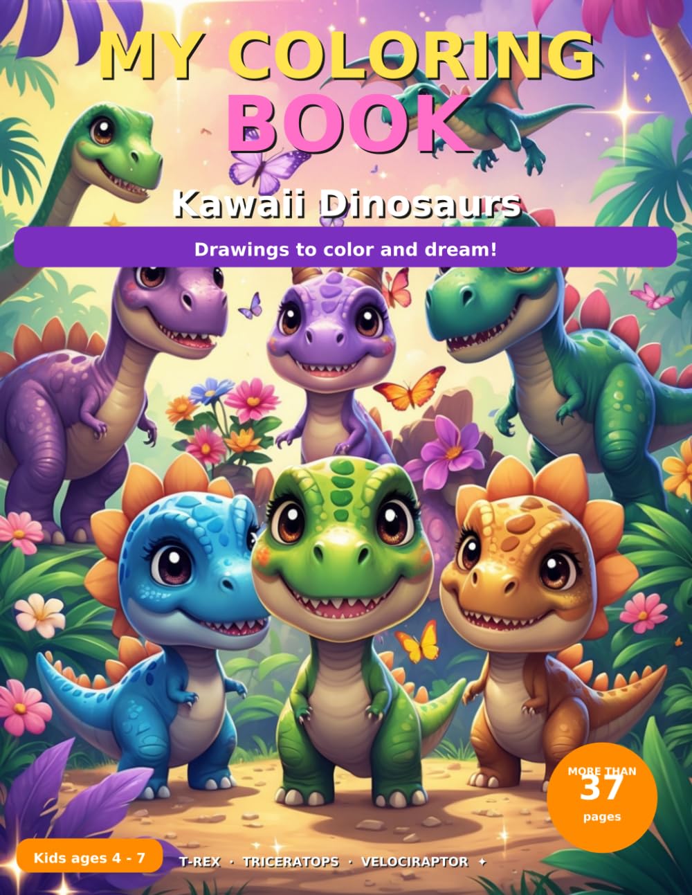 Kawaii Dinosaurs Coloring Book: 37 Adorable Dinosaurs to Color: T-Rex, Triceratops, Stegosaurus and More