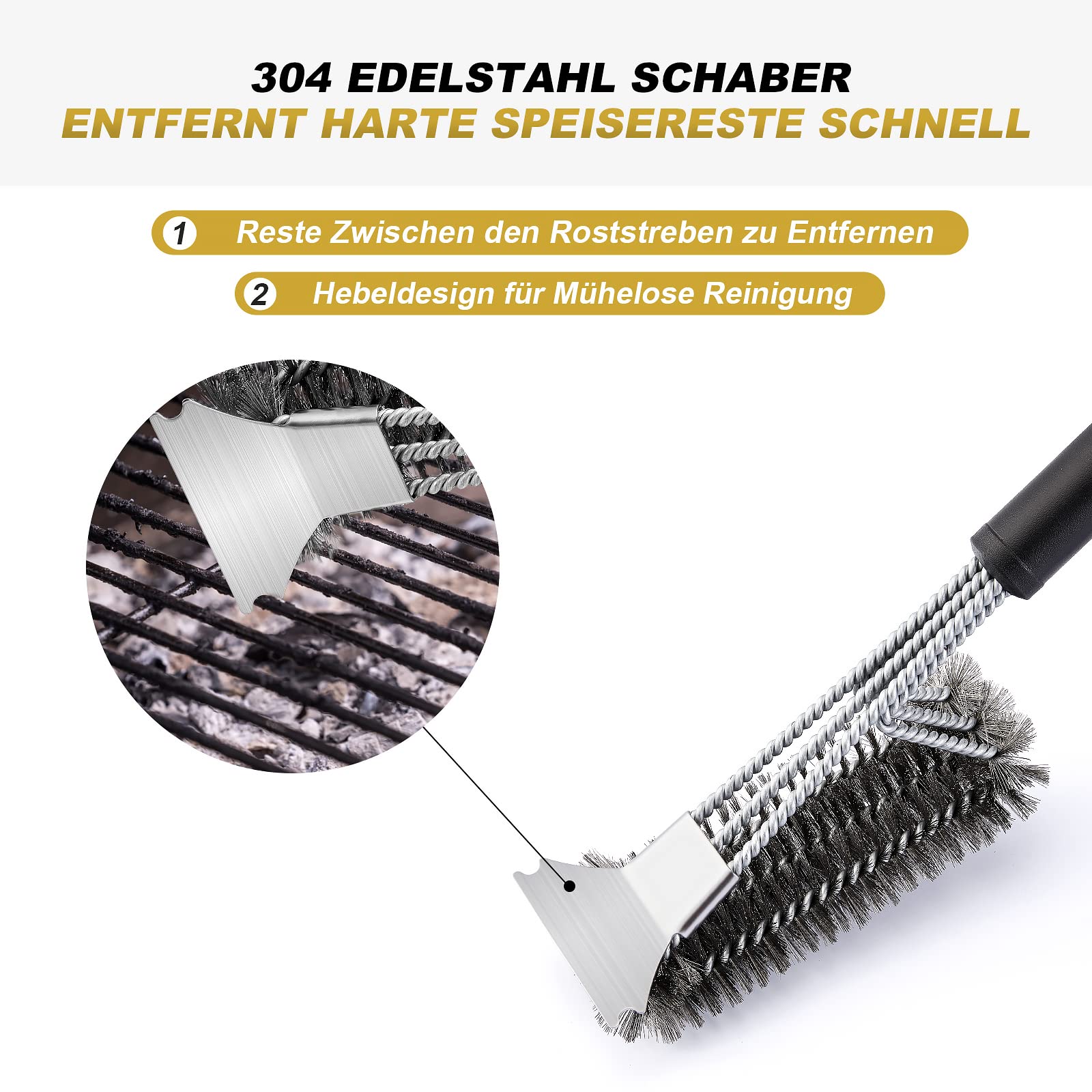 Spazzola Per Barbecue 3 In 1 QLSXLB - Con Raschietto, Manico Lungo E Setole In Acciaio Inossidabile - Foto 9