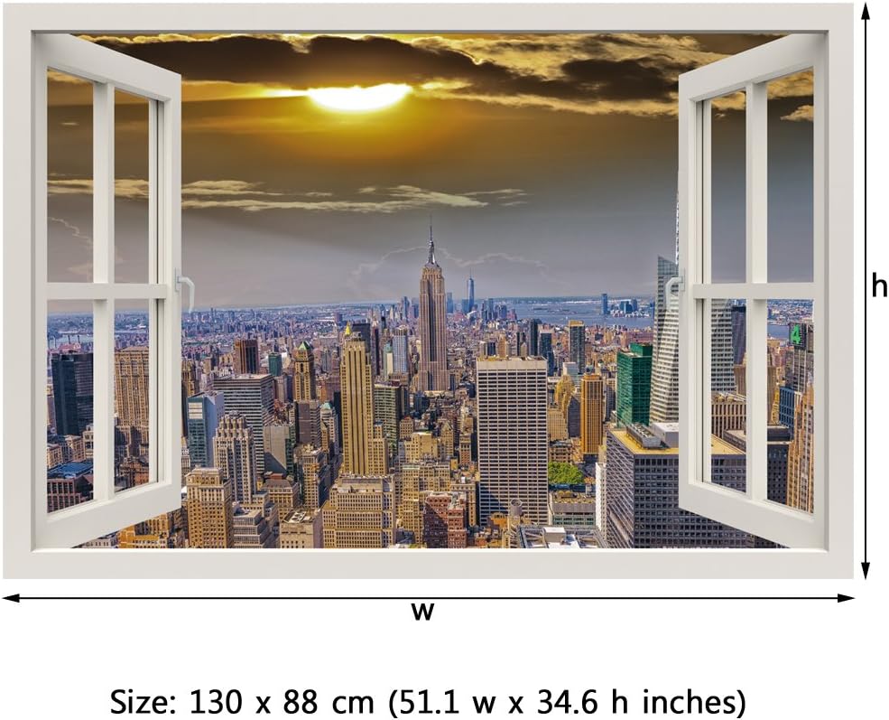 RoyalWallSkins Window Frame Mural View of New York City at Nightfall - Huge Size - Peel and Stick Fabric Illusion 3D Wall Decal Photo Sticker