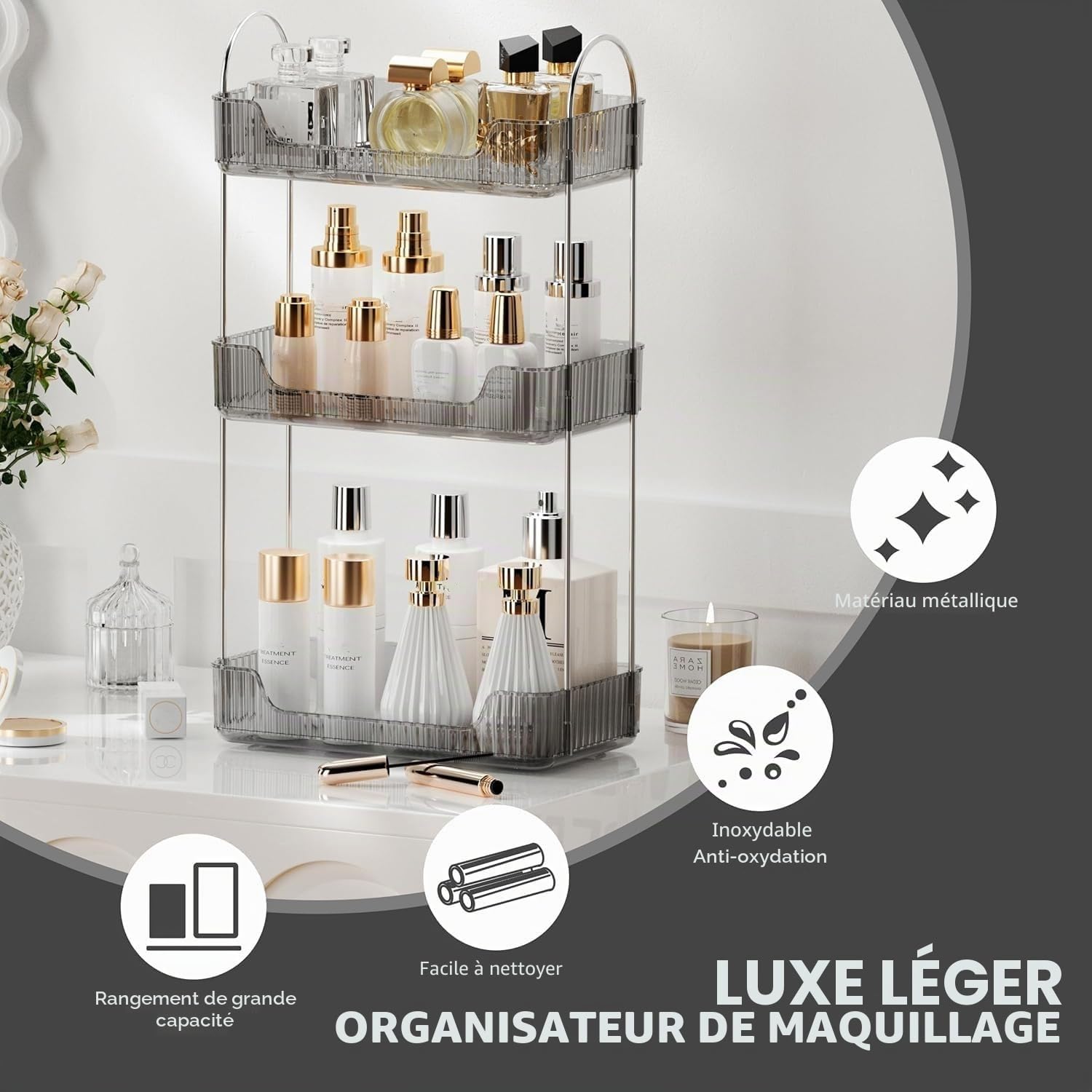 CESTATIVO Organisateur Maquillage, Rangement Maquillage, Organisateur de Cosmétiques, Présentoir Cosmétique, Organisateur de Parfum (Gris, 3 Couches)