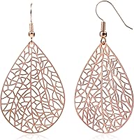 Vista 13 de 14K Gold Plated Silver Rose Gold Teardrop Filigree Dangle Earrings Lightweight Leaf Drop Earrings for Christmas Gift