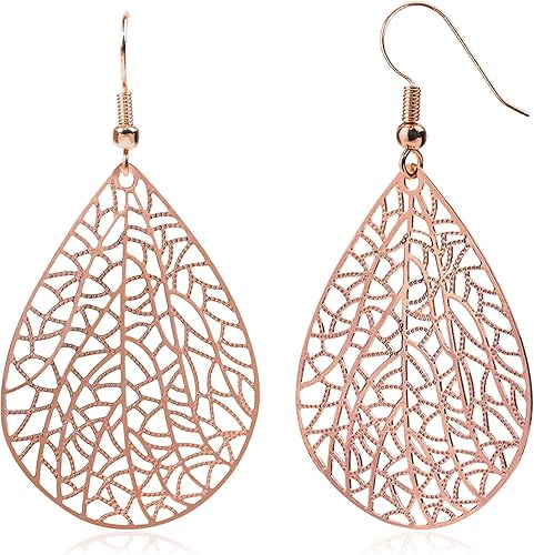 Vista 13 de 14K Gold Plated Silver Rose Gold Teardrop Filigree Dangle Earrings Lightweight Leaf Drop Earrings for Christmas Gift