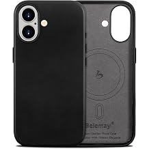 Belemay Vegetable-Tanned Leather Case for iPhone 17 Compatible with MagSafe | Full-Grain Cowhide, Natural Patina, Two-Tone Finish, Handcrafted, Smooth Touch, Camera Control Cover, Metal Buttons, Black