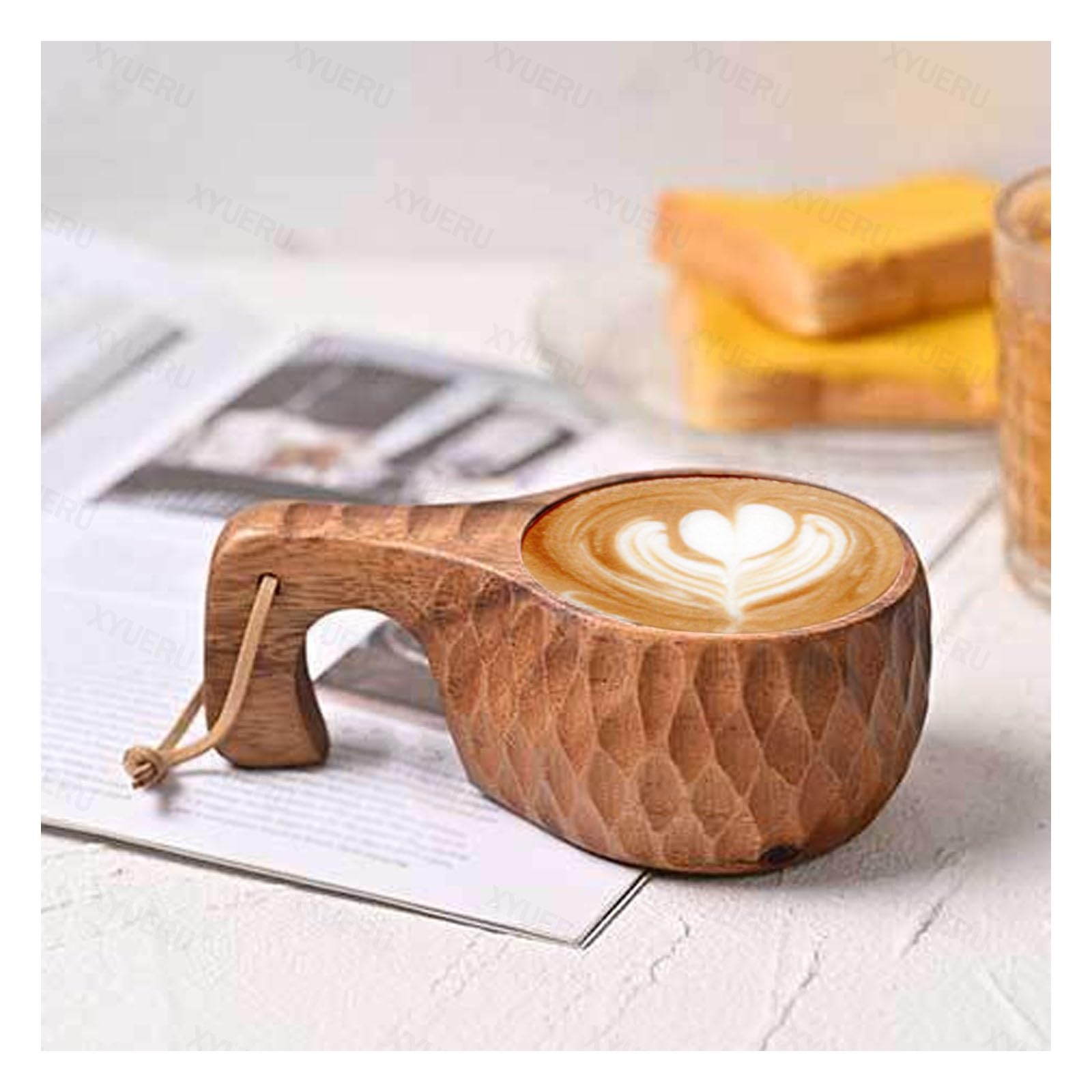 Taza de té de madera con asa, diseño nórdico tradicional, taza de camping hecha a mano con correa para el cuello para uso doméstico y exterior