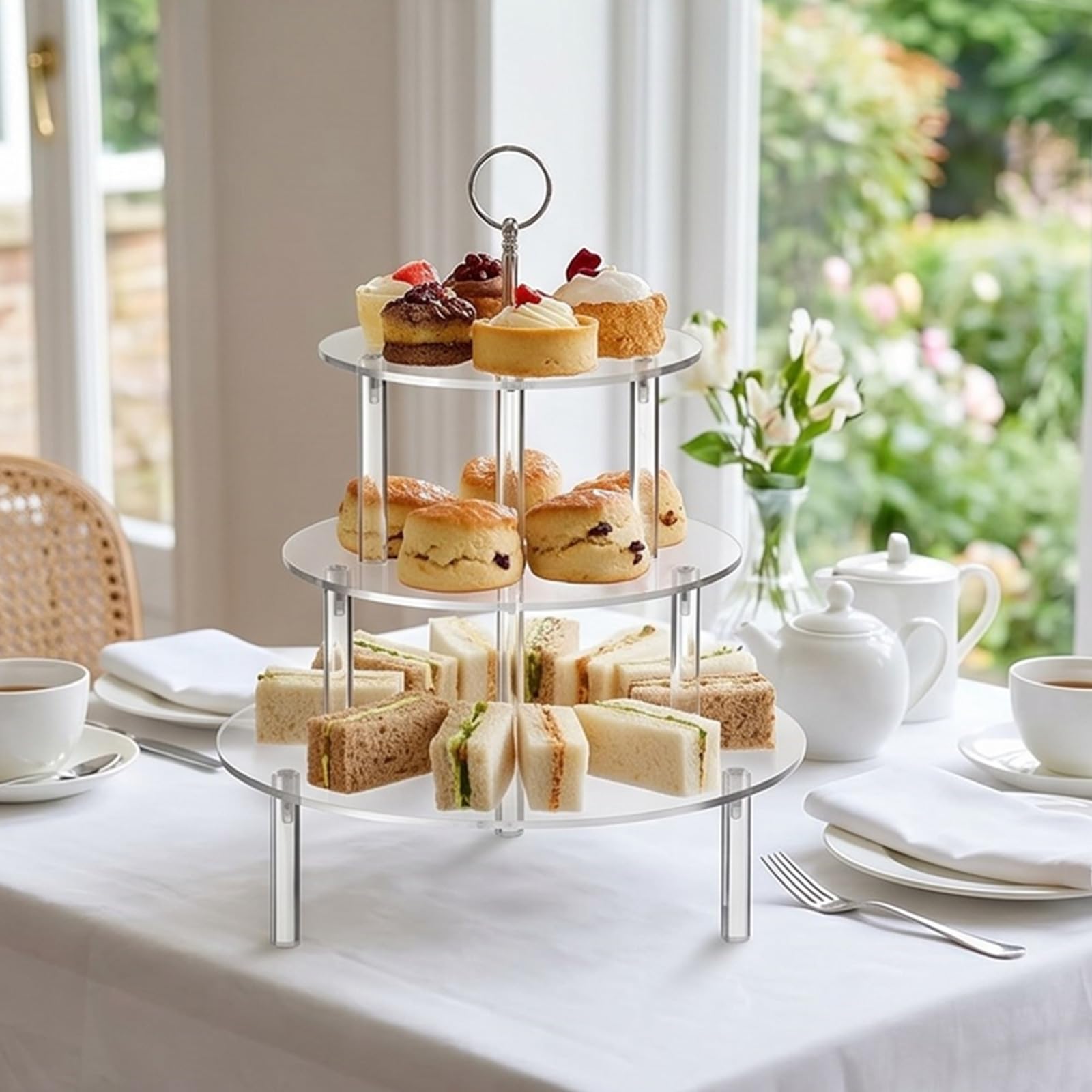 Présentoir à gâteaux rond en acrylique transparent à 3 étages Parfait pour les desserts, les fruits et les pâtisseries Facile à nettoyer