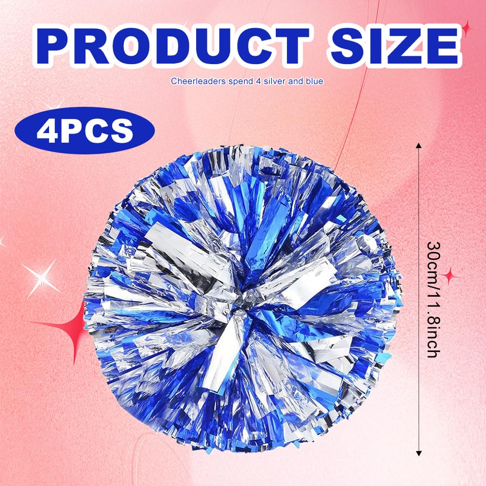 BRTNUP 12 Inch Metallic Cheerleading Pom Poms for Kids Adults 4PCS Fluffy Cheerleader Pompoms with Handle for School Sports Games Team Spirit Cheer (Blue Silver) - Image 2