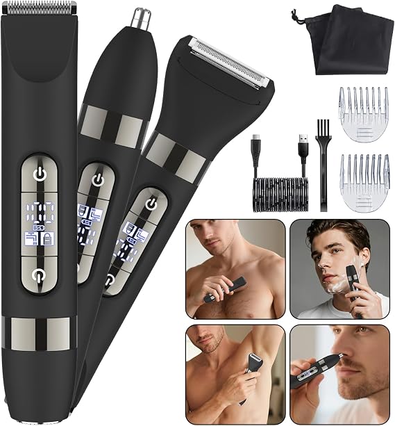 Hatteker 4 in 1 Multifunctional Dual - Head Body Hair Trimmer for Men, IPX7 Waterproof Groin & Body Hair Groomer, Rechargeable Body Electric Shaver Razor