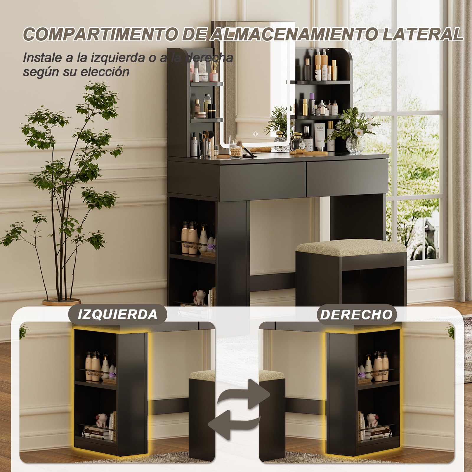 TRIUMPHKEY Tocador de Maquillaje con Espejo LED Regulable, Mesa de Maquillaje con 2 Cajones y Taburete, 90x40x135 cm, Negro