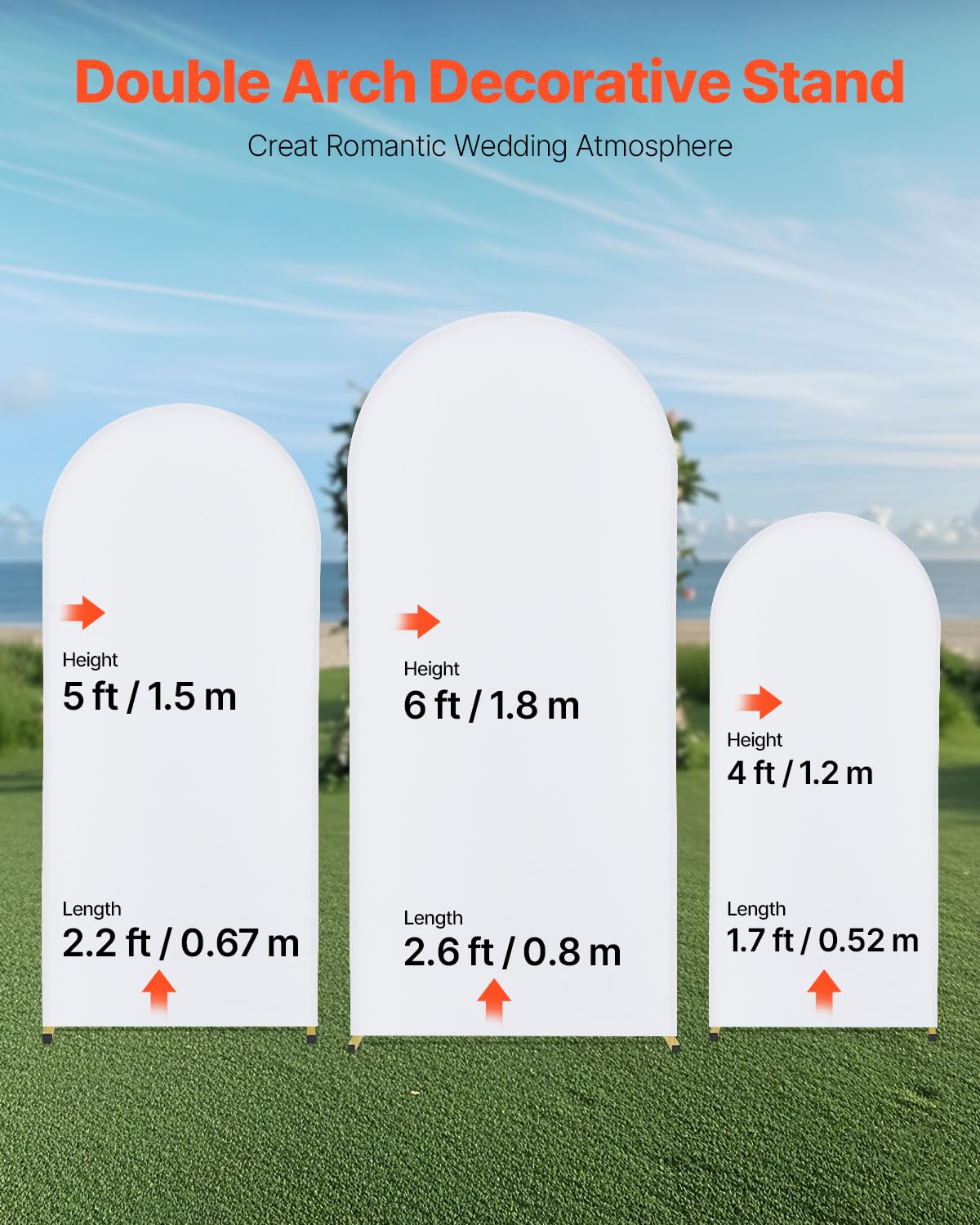 VEVOR Support de Fond Arche de Mariage, Lot de 3, Support Stable Métal, 1805 mm, 1500 mm, 1205 mm, avec Barre Transversale de Châssis Doré, Housse en Tissu, pour Anniversaire, Célébration, Cérémonie