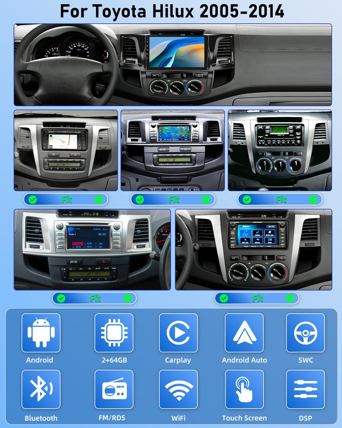 NHOPEEW 2G+64G Android Autoradio per Toyota Hilux 2005-2014 - Senza fili Carplay e Android Auto - 9 pollici Android Stereo con WiFi EQ GPS Mirror Link FM RDS + AHD Telecamera posteriore&Mic