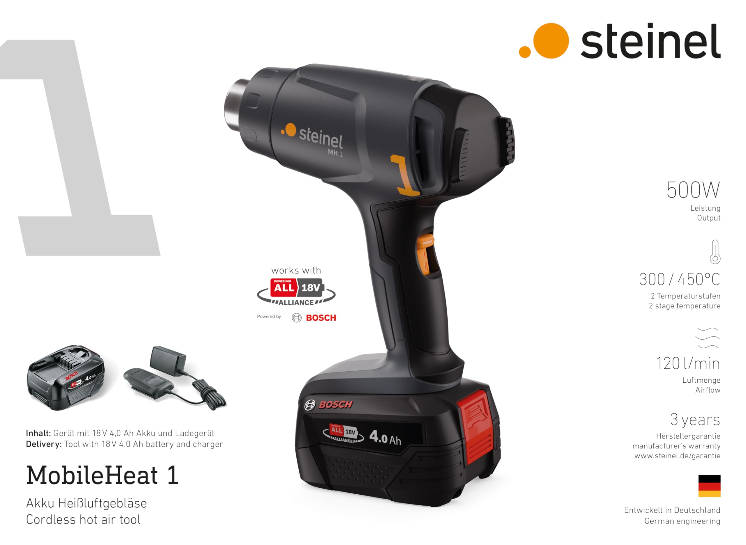 Steinel Akku Heißluftpistole MH 1 Set, inkl. 4.0 Ah 18V Bosch PFA Akku, Heißluftfön kabellos, 2 Temperaturstufen 300°C/450°C, zum Löten und Schrumpfen