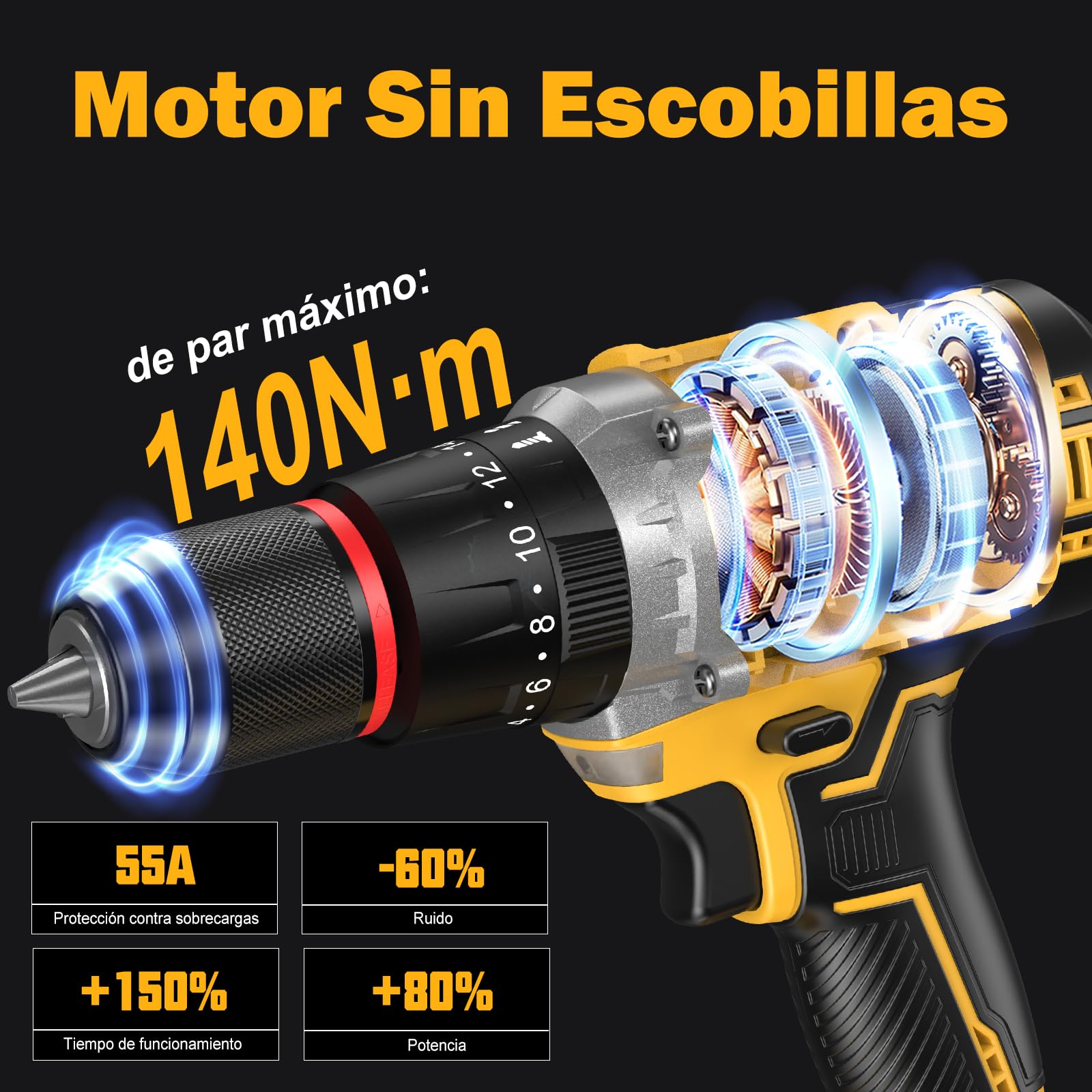 Taladro Percutor Bateria 140Nm - 21V 2300rpm Sin Escobillas Max Taladro Atornillador Batería con 2 Baterías 4,0Ah y 42PCS Accesorios, 20+3 Ajuste de Par, 13mm Portabrocas, 2 Velocidad, LED Luz