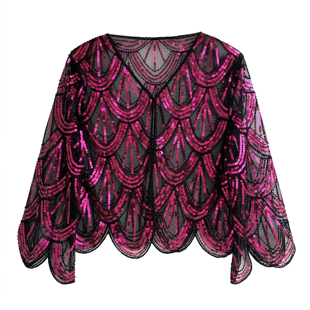 Bakermiche Women's Flapper Cape Long Sleeve Sequin Beaded Shawl Wraps 1920s Flapper Shawl Gatsby Party Cover Up