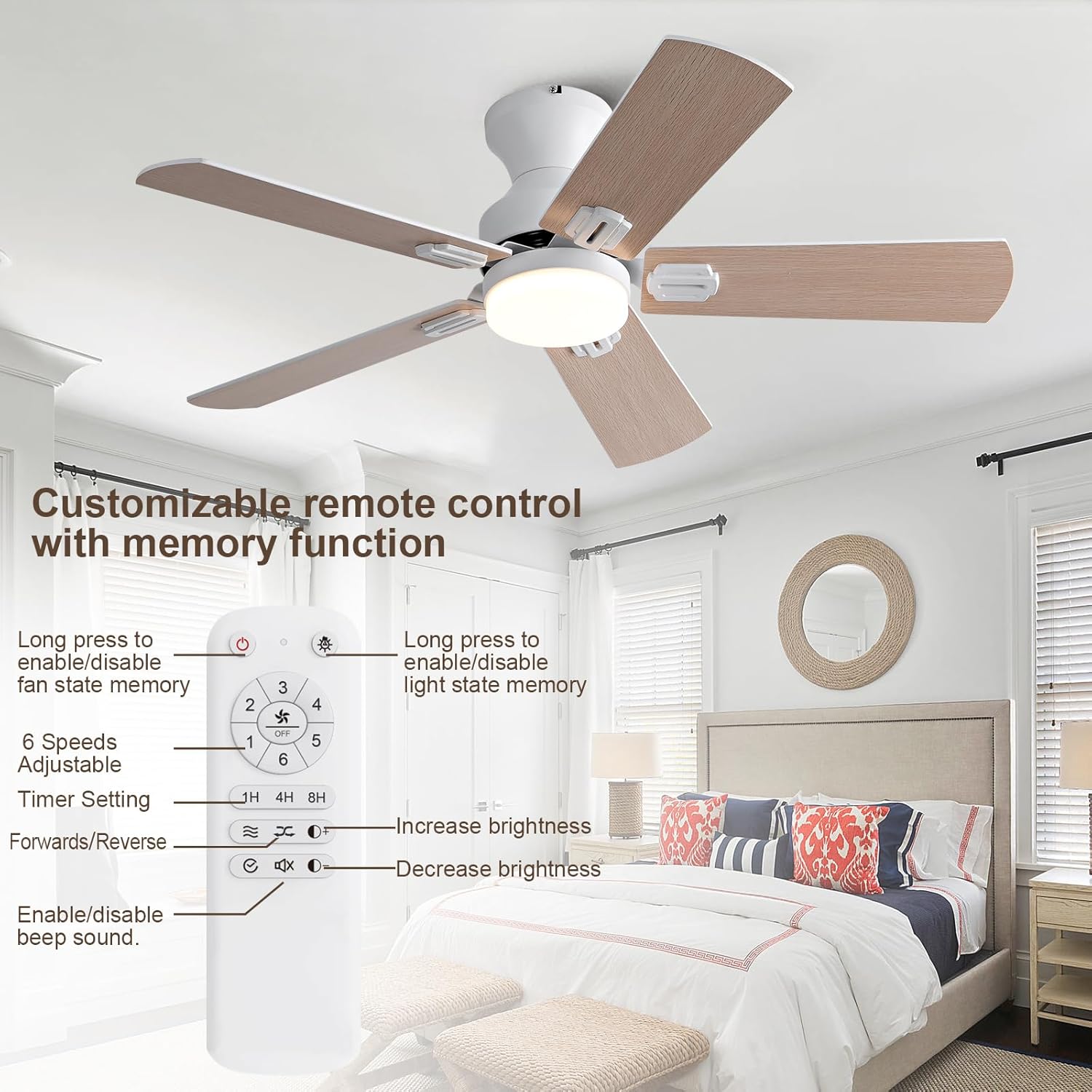 42 Inch White Ceiling Fans with Lights and Remote,Low Profile Flush Mount Modern Ceiling Fan with Light, 5 Blades,Dimmable LED Light,6 Speed DC Motor,Indoor Outdoor Ceiling Fan for Bedroom