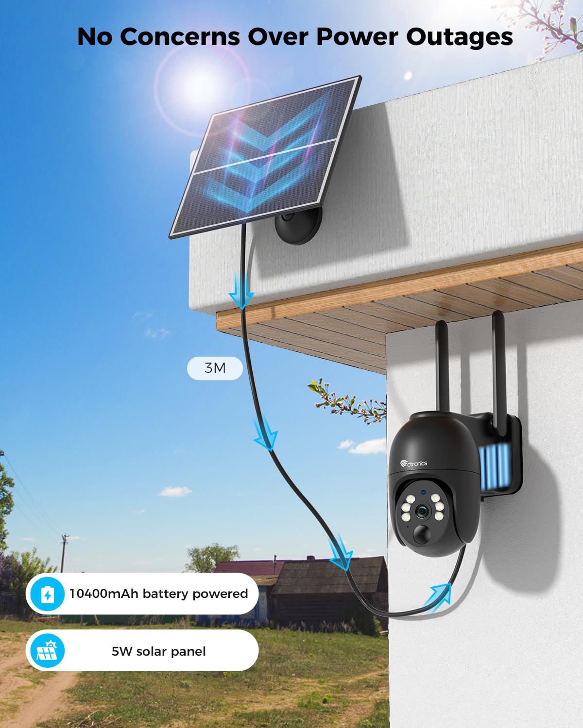 Ctronics 2K 4G LTE Camera Surveillance Solaire Extérieure sans Fil,Cloud | PTZ Caméra IP Carte SIM avec Batterie 10400mAh, Vision Nocturne Couleur, PIR Détection, Audio Bidirectionnel,IP66 (Noir)