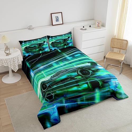 Miniatura 4 de Manfei Juego de edredón de coche deportivo, tamaño individual, juego de ropa de cama negro de carreras de 2 piezas para decoración de habitación de