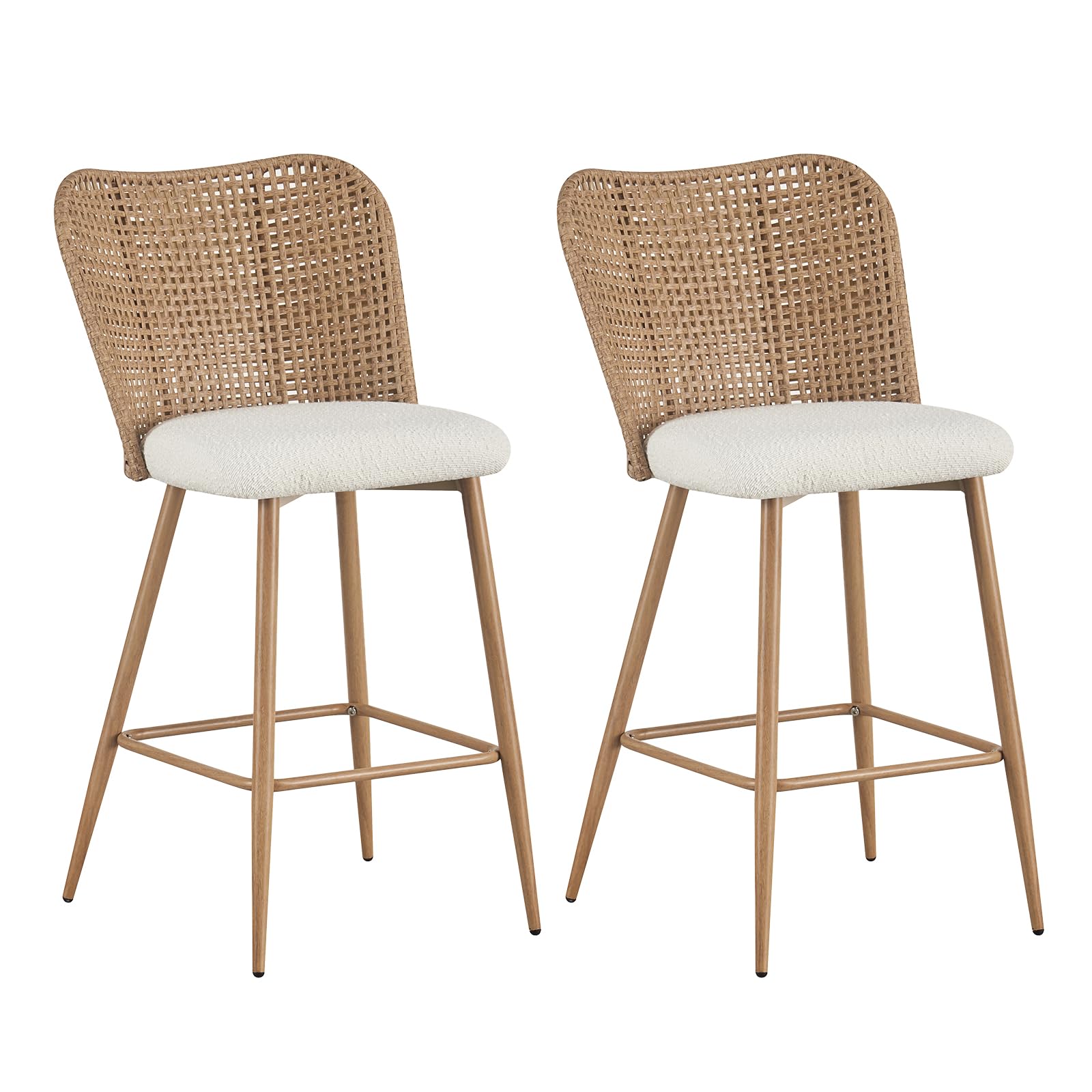 JALOURT Rattan Counter Height Bar Stools Set of 2，26" Modern Upholstered Bar Stools with Full Rattan Cane Back,Bar Chairs Kitchen Stools with Solid