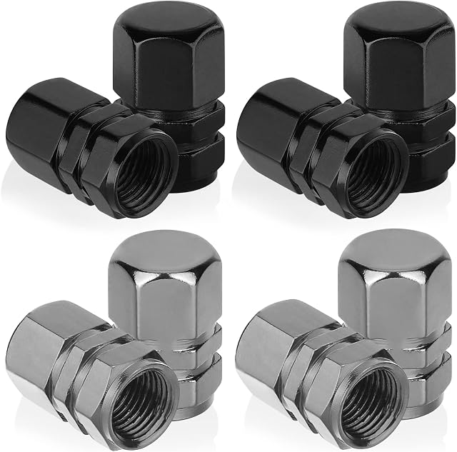 Tire Valve Stem Caps, Greoer 8 Pieces Aluminum Alloy Dust Caps for Car Tyres, Easy-grip Hexagon Stem Caps Valve Covers Replacement with O-ring Gasket for Bike, Motorcycle, Cars,Black and Silver
