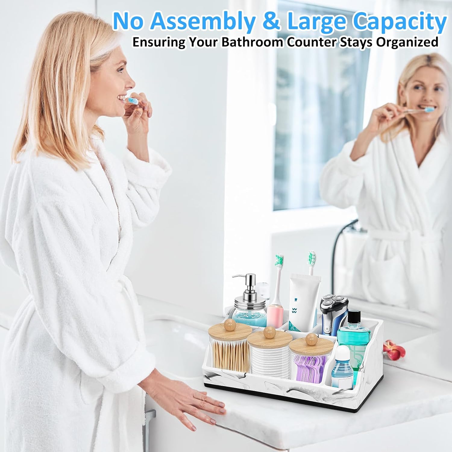 Marble Toothbrush Holder for Bathroom Organizer Countertop, Toothbrush Organizer with 3PCS Qtip Holder Dispenser, Toothbrush and Toothpaste Holder for Bathroom Counter Organization Storage Vanity