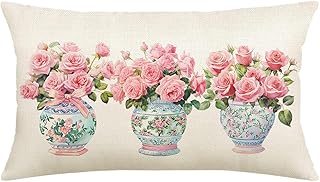 Pink Flowers and Leaves Pillow case, Chinoiserie Floral Pattern Pillow Cover, Flower Rose Case Cushion Cover Couch Sofa Decorative 12x20 inches - Buy now