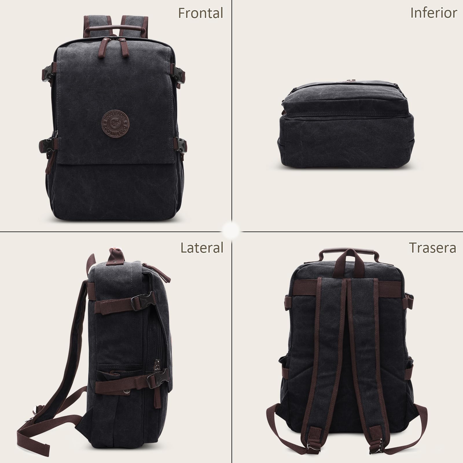 Viaje Mochila Hombres Mochila para Portátil Adapta a 15.6 Pulgadas Portátiles Mochila de Negocios Trabajar Viaje Causal Escolar Montañismo Cámping Durable Lona Mochila Negro