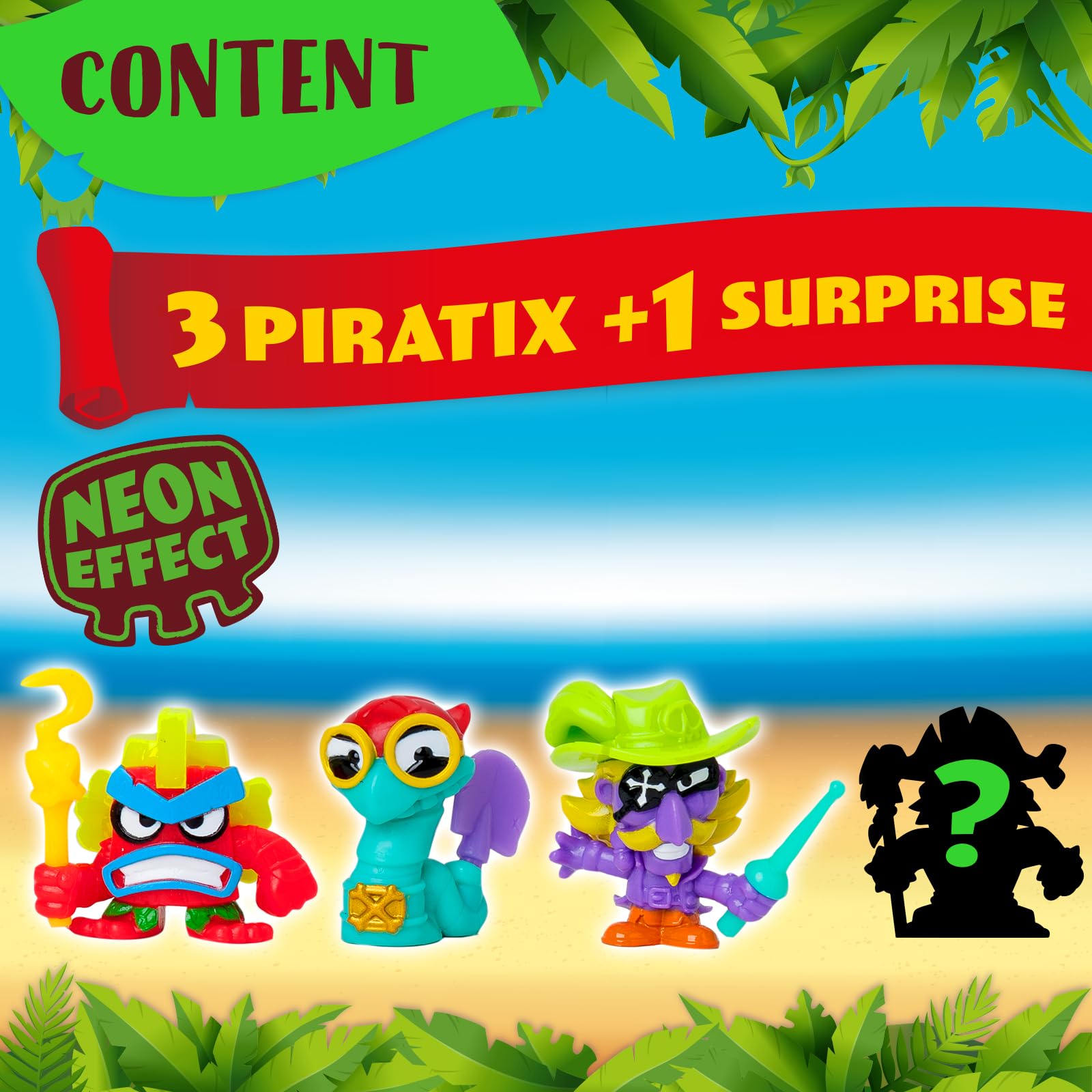 PIRATIX ADVENTURE WORLD Seria Crazy Jungle, 4 Pack – zestaw zawiera 4 figurki Piratix: 1 z efektem neonu i 1 niespodziankę oraz 4 akcesoria z efektem neonu. Zestaw 2 z 6