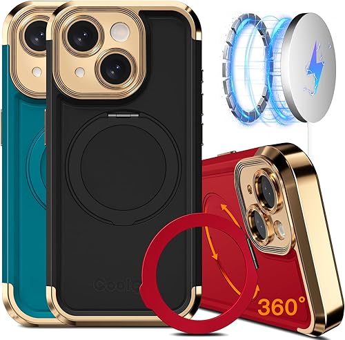 COOLQO Funda para iPhone 13 de 6.1 pulgadas, soporte magnético de giro de 360 compatible con Magsafe protección militar chapado mate resistente a