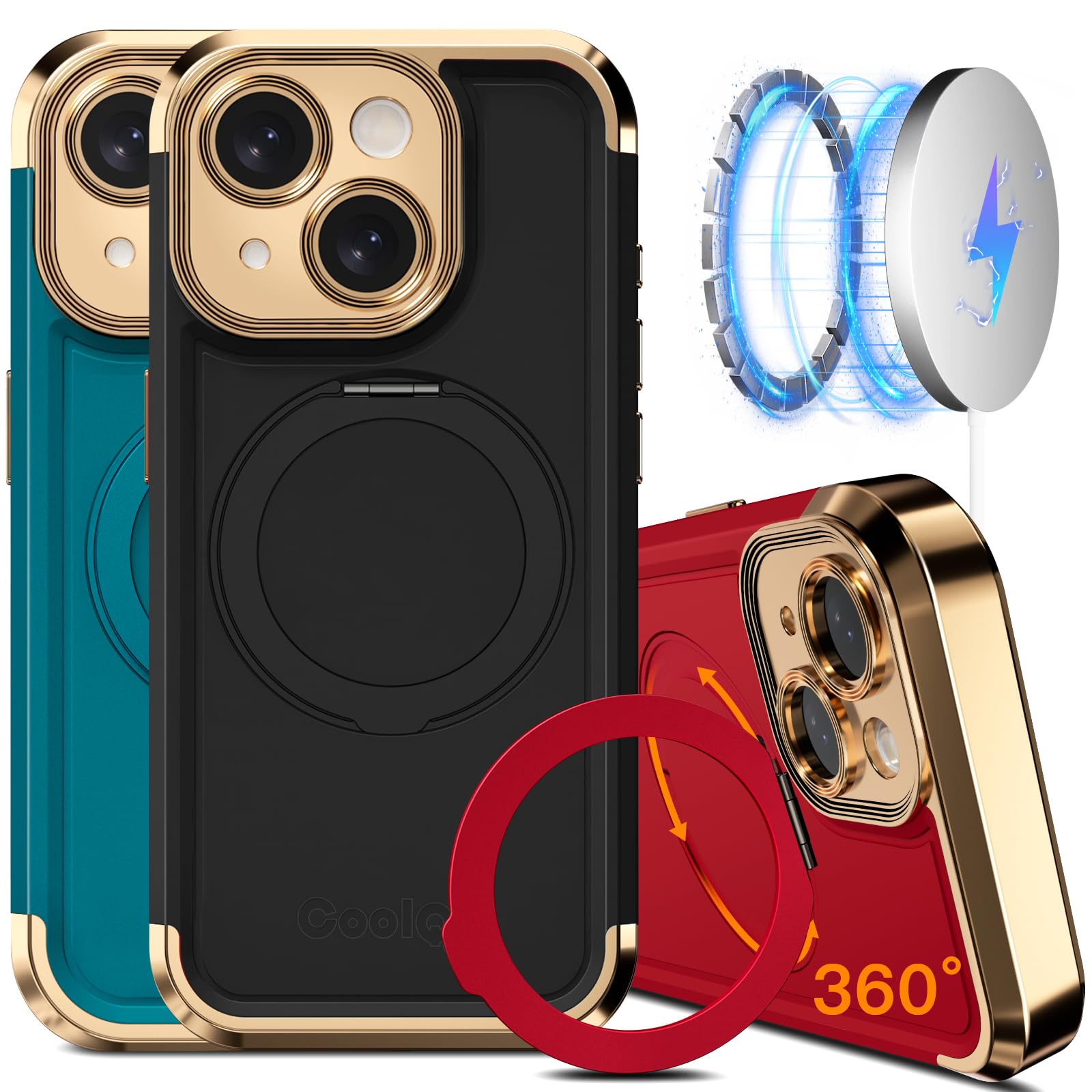 COOLQO for iPhone 14 Case 6.1'' Upgraded 360° Spin Magnetic Stand [Compatible with Magsafe][Military Grade Drop Protection] Shockproof Protective Phone Holder Cover for iPhone 14, Black Gold E01_Black Gold iPhone 14