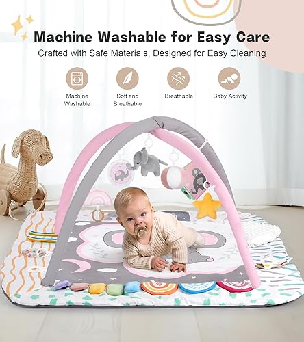 Miniatura 6 de Alfombrilla de juego para bebé, gimnasio con almohada para el tiempo boca abajo, 6 zonas de desarrollo, 6 juguetes sensoriales desmontables y