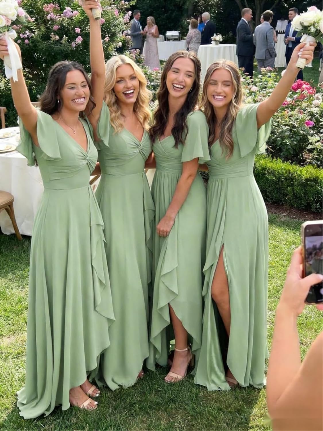 Women's Short Sleeve Pleated Chiffon Bridesmaid Dresses Long Formal Evening Dress AS006