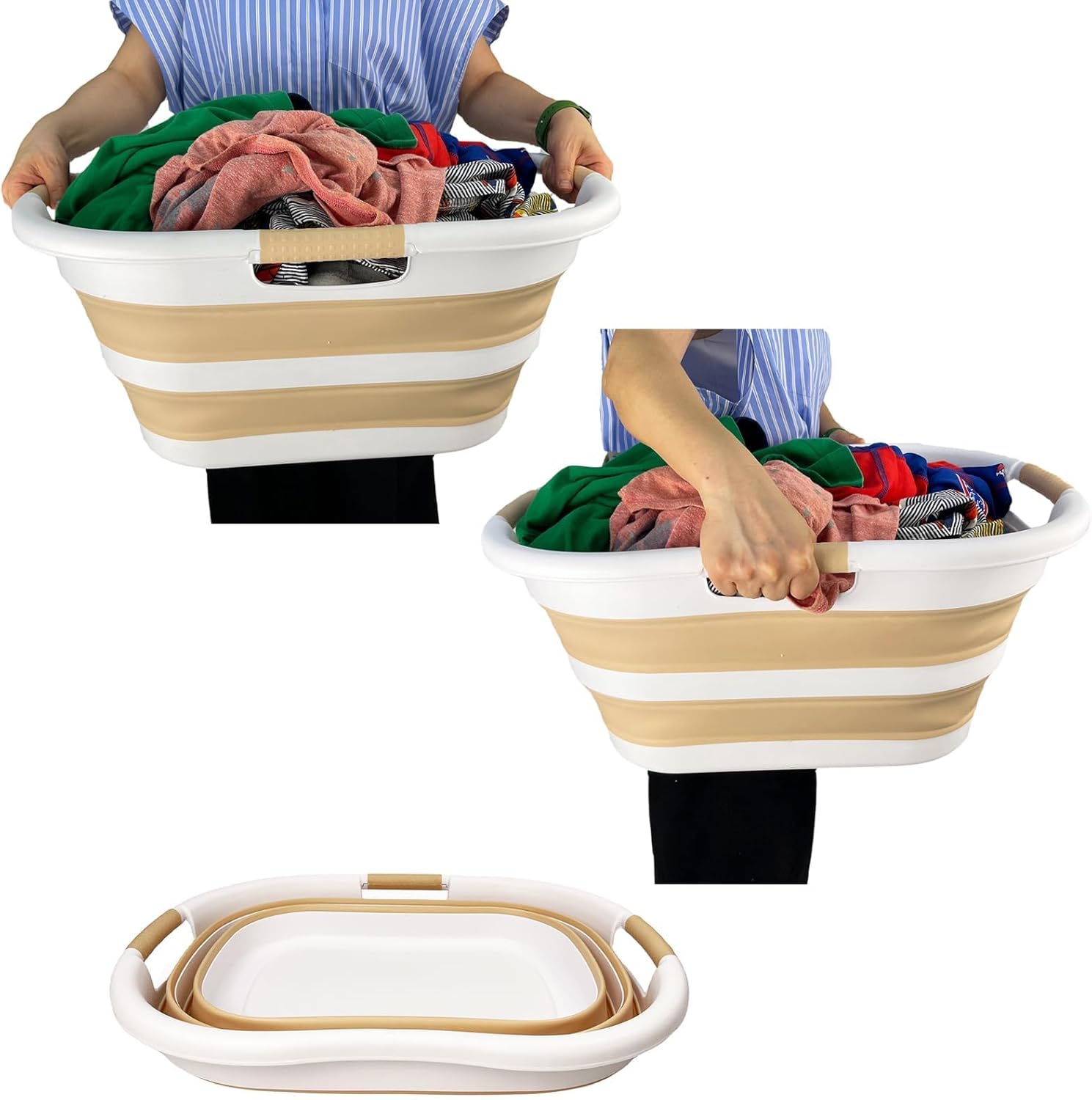 SAMMART 40L (10.5 gallon) Set of 2 Plastic Foldable Laundry Basket - Collapsible, Space Saving and Portable Laundry Hamper, Ideal for Home, Travel, Dorm, and Camping (2, White/Beige)