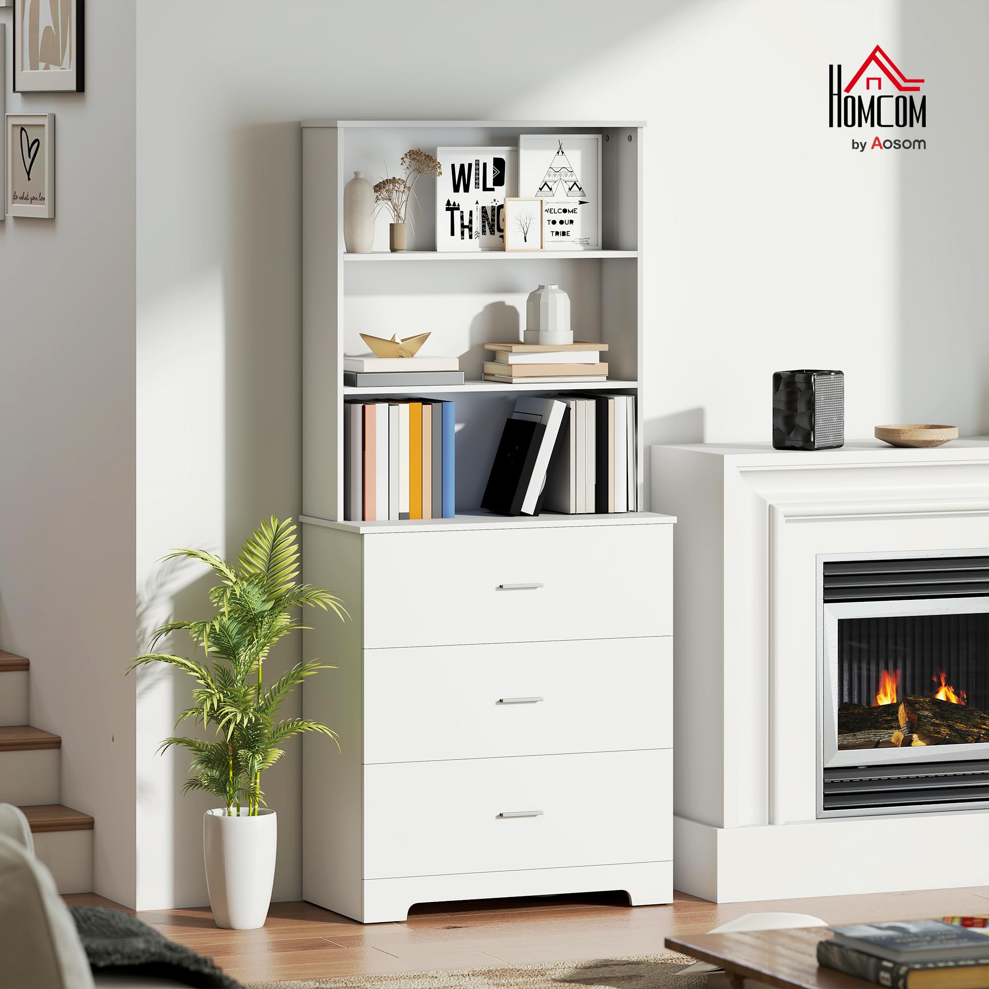 HOMCOM Libreria Scaffale Alta 182.2 cm a 3 Ripiani Aperti e 3 Cassetti, Libreria Verticale Salvaspazio, Mobile Portaoggetti in Legno per Soggiorno, Camera da Letto, Studio e Ufficio, Bianco
