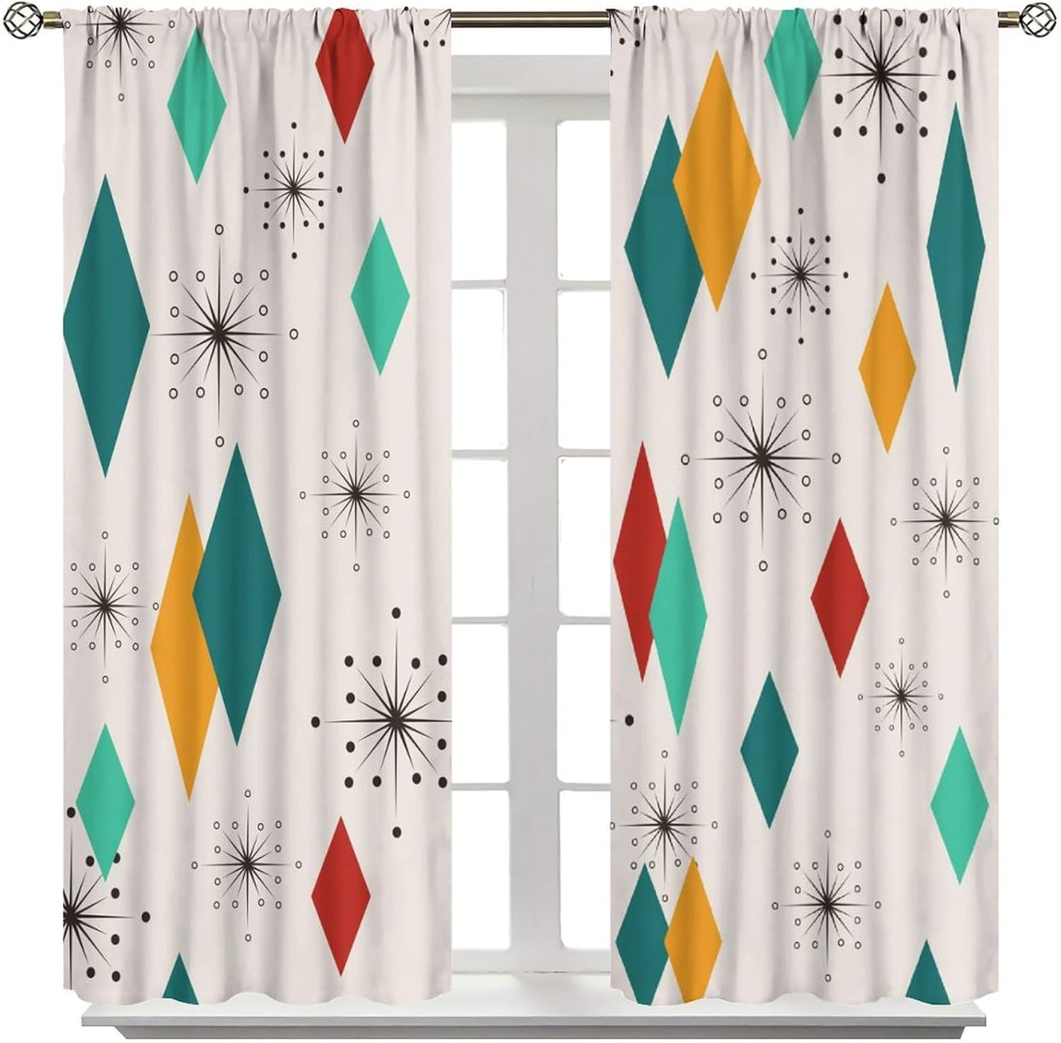 Mid Century Modern Curtains, Abstract Atomic Geometric Diamond Pattern Window Treatments for Bedroom Living Room,1950s 1960s Vintage Blackout Drapes 2 Panel Sets 55x63 Inch