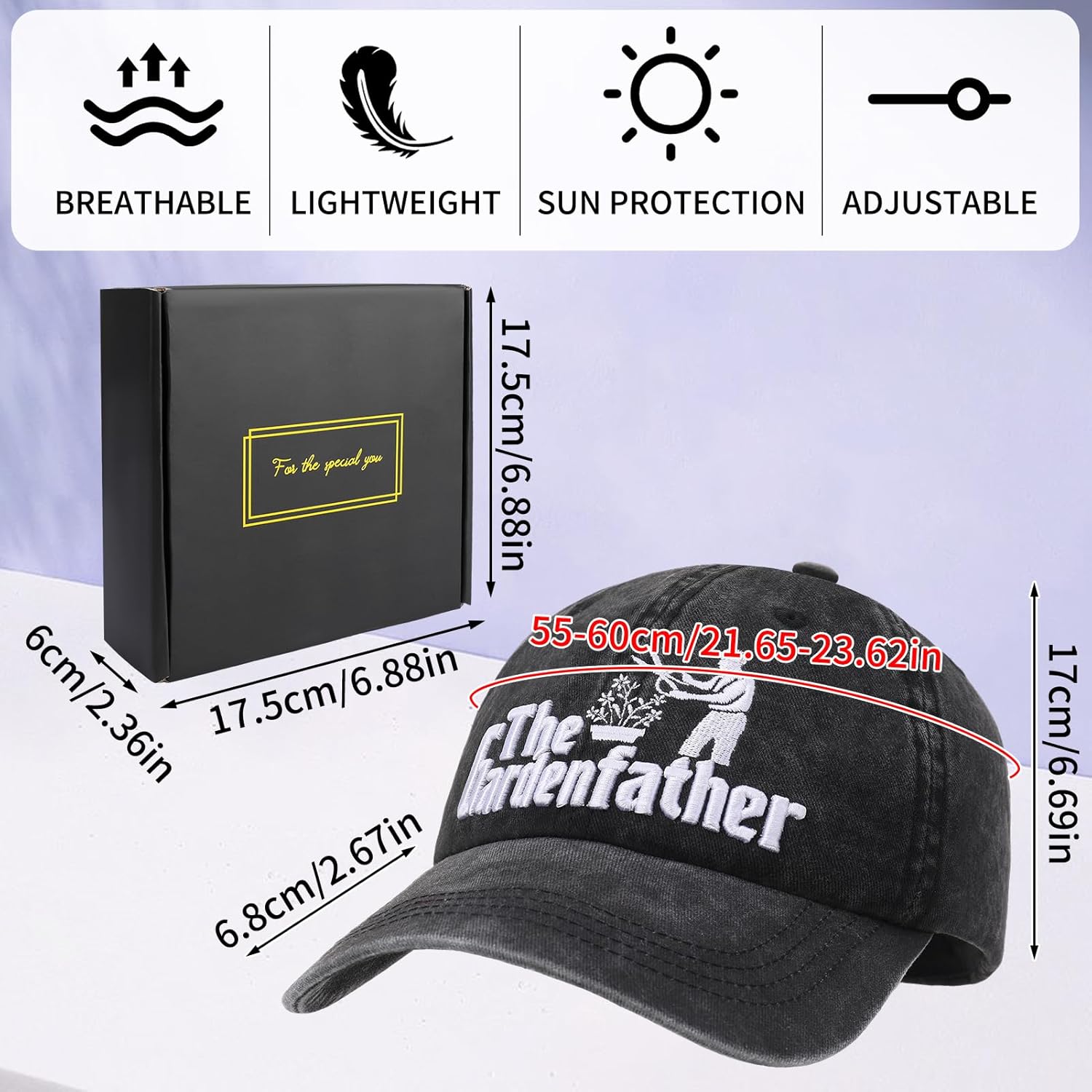 Gardening Gifts for Men, Adjustable Cotton Baseball Cap with Gift Box for Plant Lovers Black - Image 2
