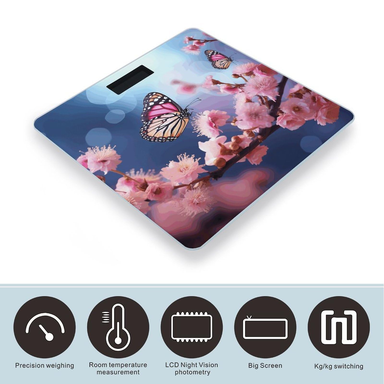 Bilancia digitale da bagno con fiori rosa e farfalle, bilancia digitale ad alta precisione, con display LCD trasparente BMI e misure step-on, peso fino a 180 kg
