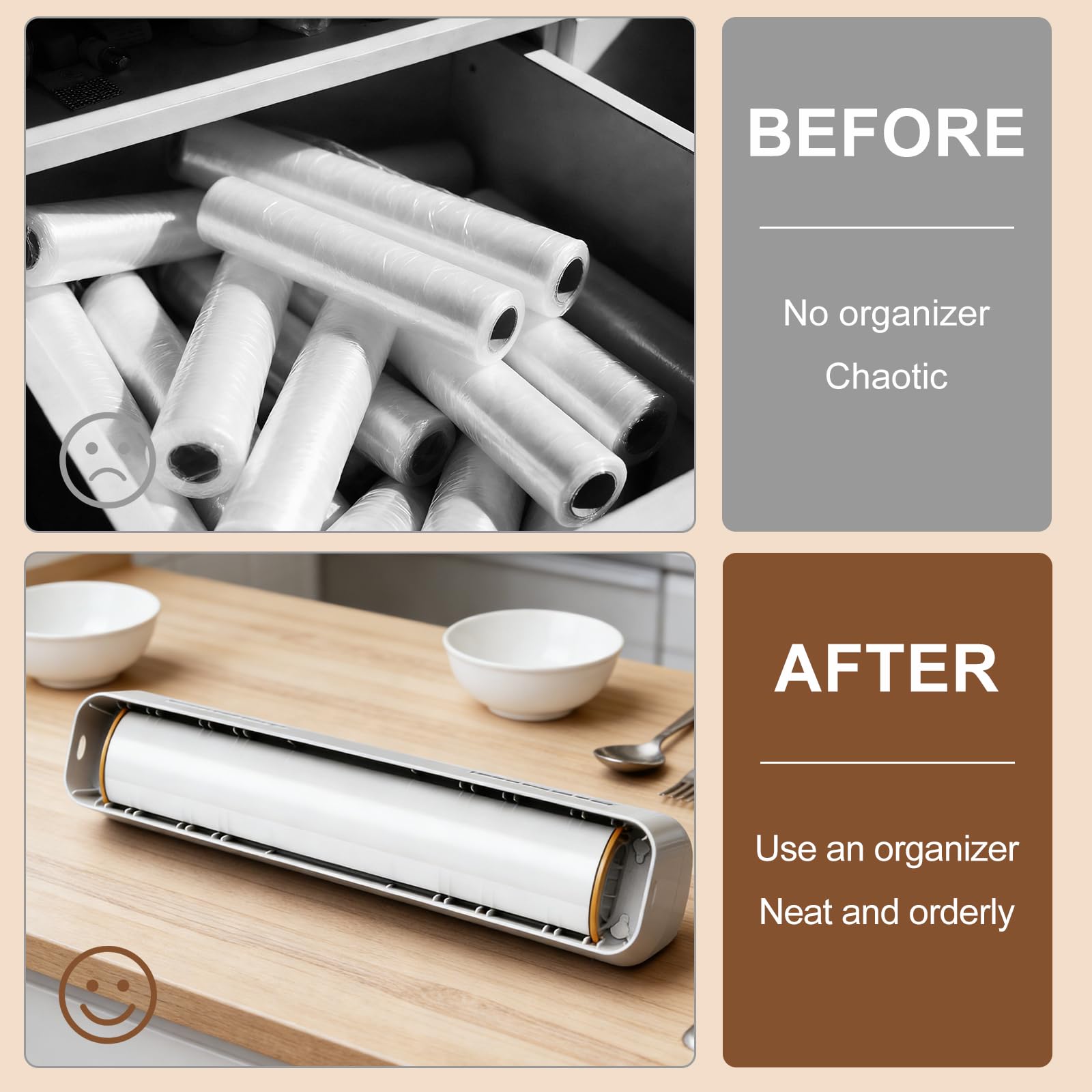 Derouleur Film Alimentaire, Distributeur Papier Aluminium et Film, Distributeur Film Alimentaire Convient aux Rouleaux de Moins de 30 Cm de Longueur et 5 Cm de Diamètre, Modèle à Ventouse, Brun