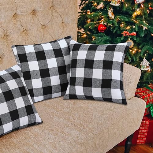 Miniatura 4 de Cootato Fundas de almohada de Navidad, juego de 2 fundas de almohada de algodón a cuadros blancos y negros, 18 x 18 pulgadas, fundas de almohada