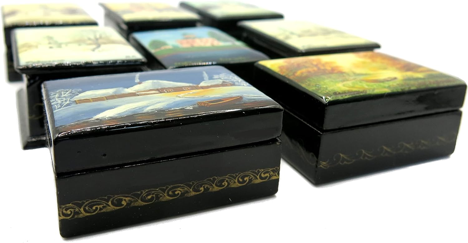 Hand Painted Fedoskino Miniature Jewelry Lacquer Box, Earrings Pendants Necklaces Small Trinket Box, Engagement Ring Proposal Russian Style Hand Painted Jewelry Box (Monastery 2)