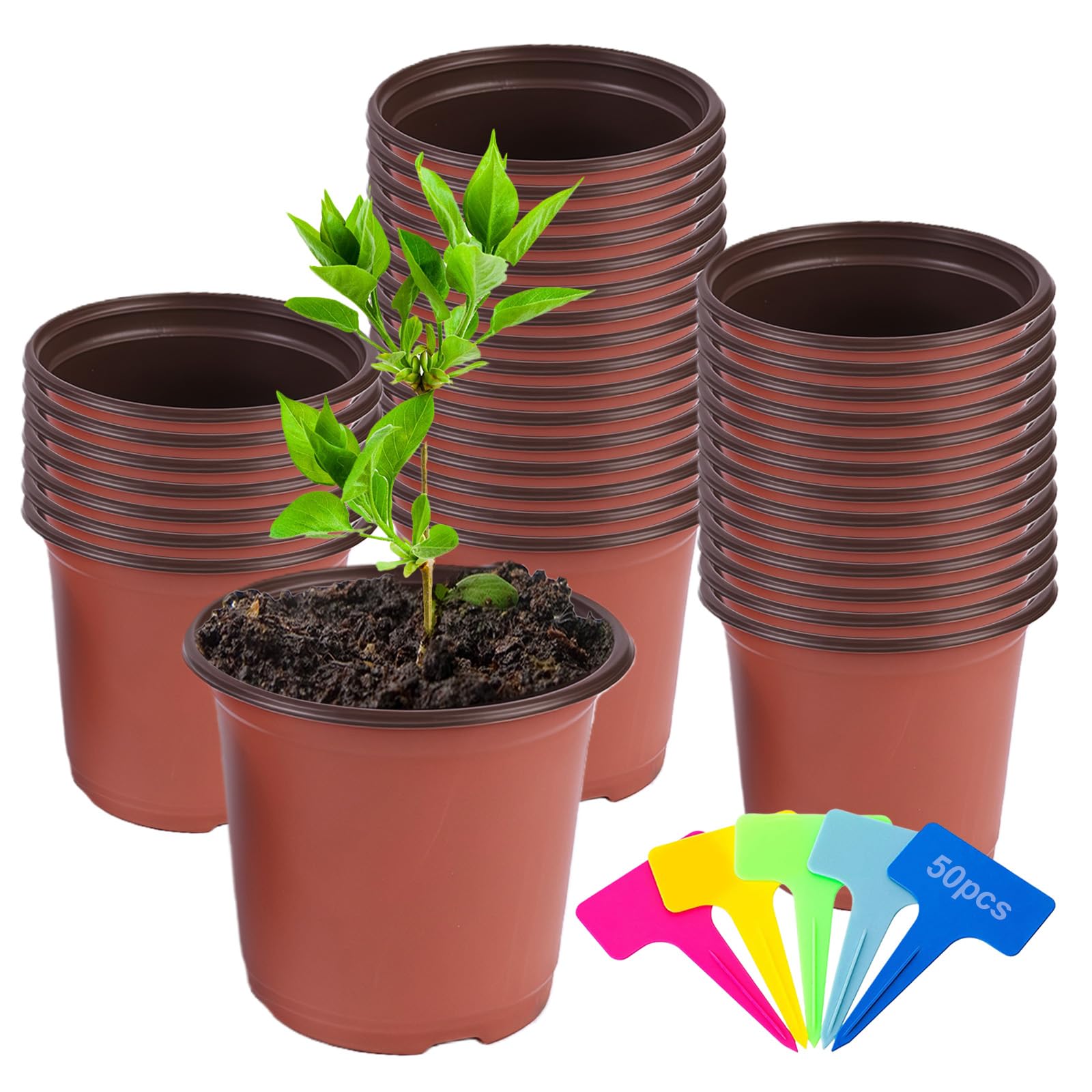 ANBET 52 Pcs Plastic Plant Pots, Seedling Pots with Drainage Holes, 15CM Plant Pots & 50 Pcs Plants Labels Small Plant Pots for Seedlings Flowers, Vegetable, Succulent