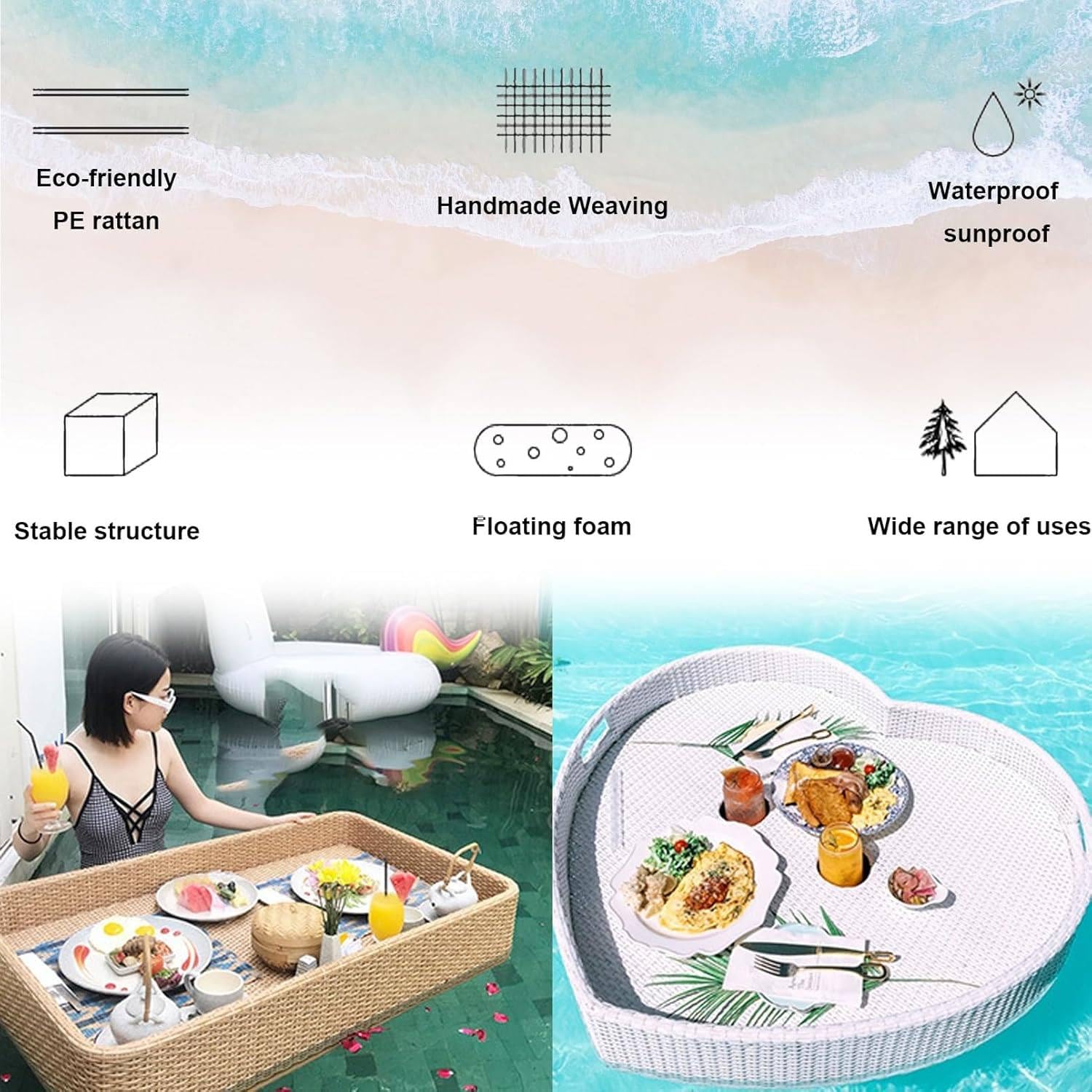 Floating Tray Pool Tray Table,Swimming Pool Floating Tray,Stylish Breakfast Tray On Water,Round,Food Tray with Handle,Heart