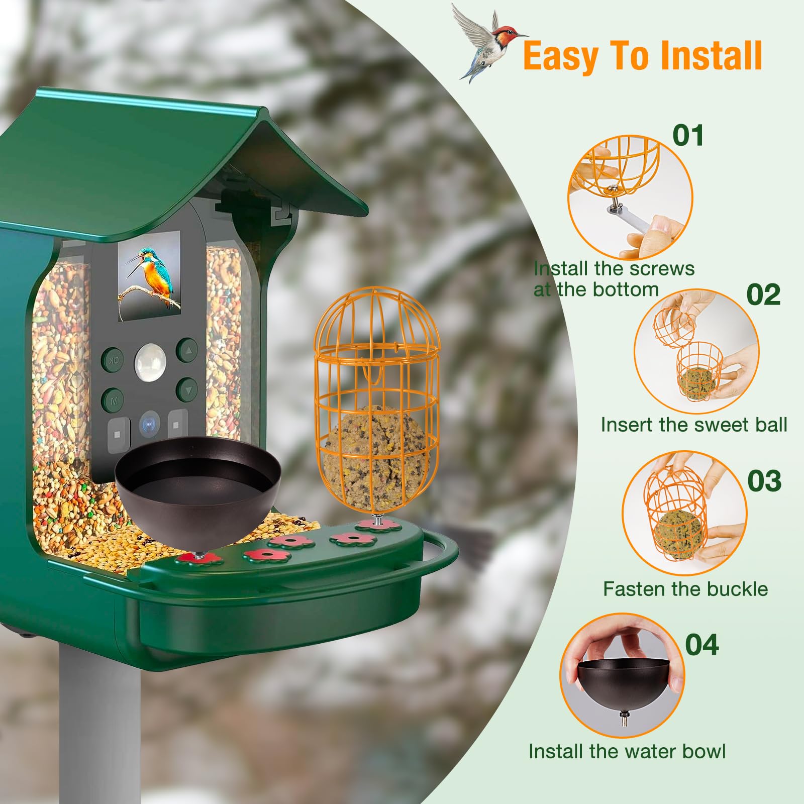 Soporte de bola de sebo de metal + juego de cuenco de agua para pájaros, compatible con la mayoría de comederos inteligentes al aire libre, bola de sebo ovalada para exteriores, piezas de