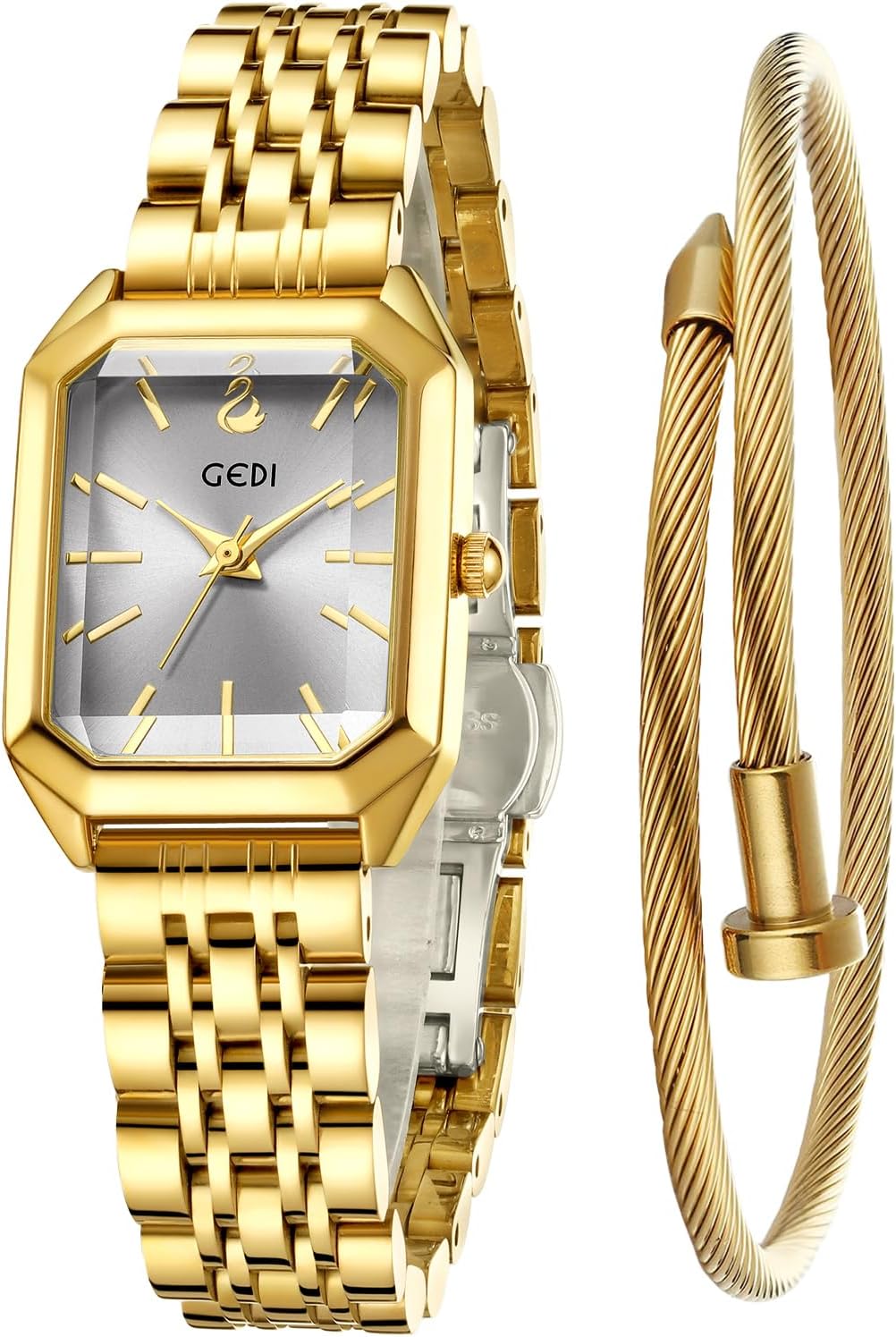 FANMIS Women’s Gold Tone Bangle Watch and Bracelet Set, Simple Square Dial Ladies Casual Dress Watch with Solid Stainless Steel Band & Butterfly Clasp,Waterproof Adjustable Strap with Tools