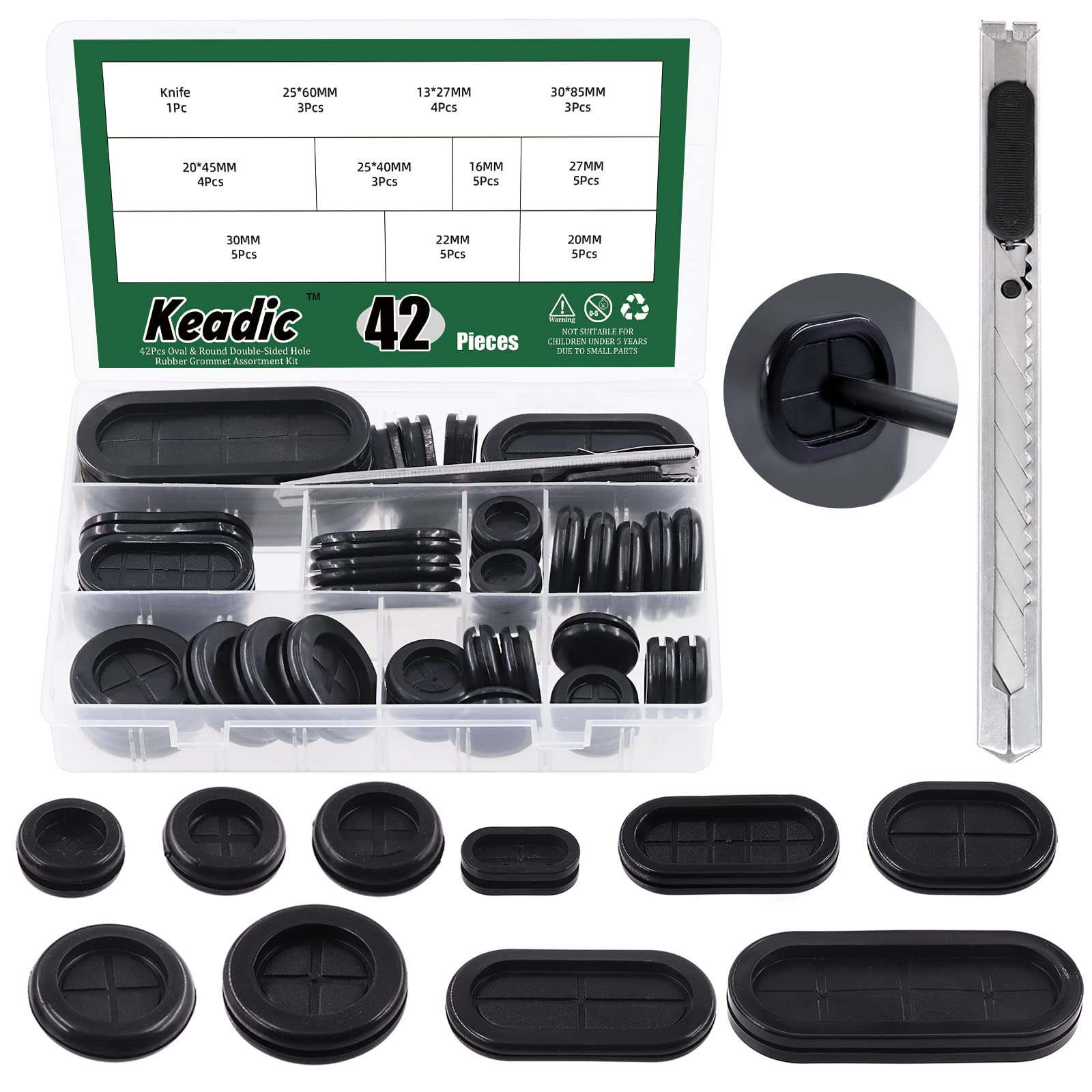 Keadic 43 Pcs 10 Size Double-Sided Rubber Grommet Assortment Set with Knife, Black Oval and Round Synthetic Rubber Wire Protection Drill Hole Firewall Hole Plug for Vehicle Plumbing Automobile