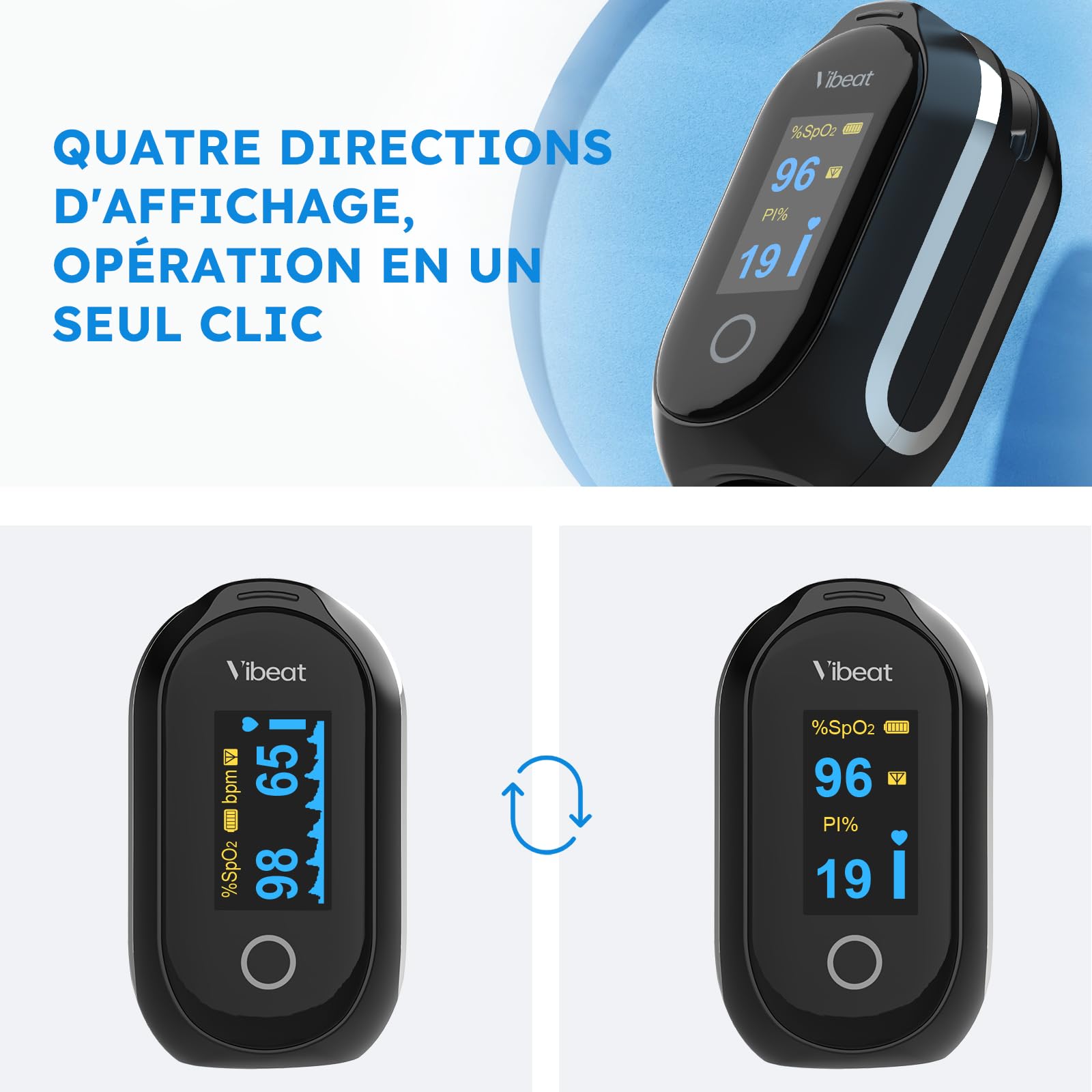 Vibeat Sleep Oxymètre de Doigt Bluetooth avec mode continu, Rechargeable Oxymètre de Pouls avec 80 Heures d'Enregistrement des Données, avec Synchronisation Automatique des Données