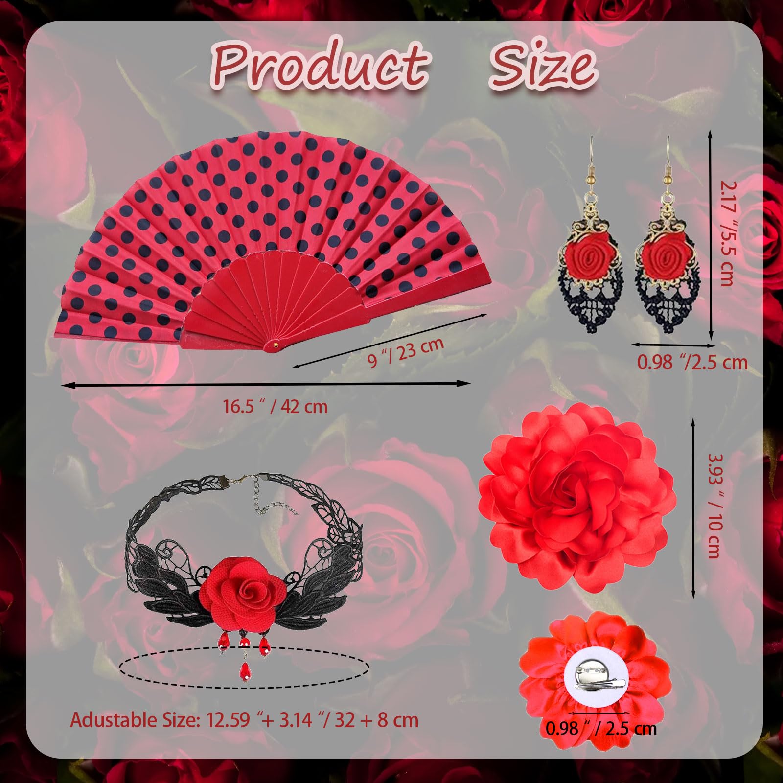 4 szt. Rose Flower Flamenco akcesoria dla kobiet dziewczyn składany fan Choker kolczyki Rose kwiat spinka do włosów tancerka kostium dla kobiet z lat 20. Halloween