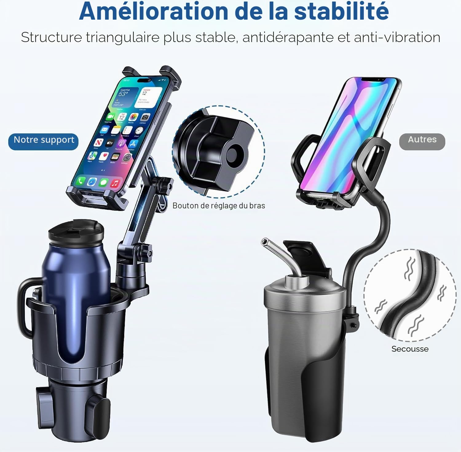 Support de téléphone portable 2 en 1 pour tasse, porte-gobelet de voiture avec long bras réglable, rotatif à 360 °, compatible avec tablette, tous les smartphones