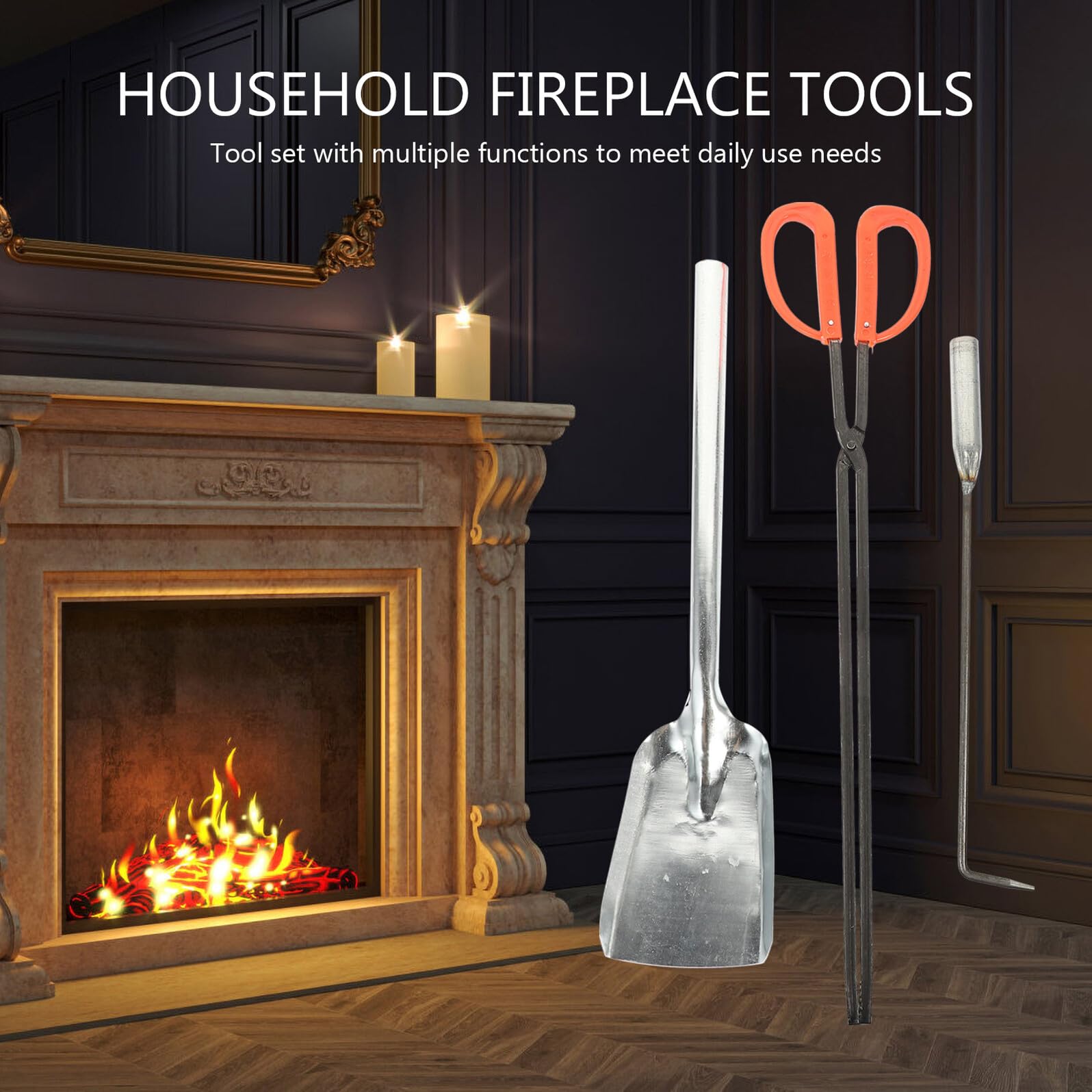Set Attrezzi per Caminetto 3 Pezzi in Ferro Pinza per Braciere Pala per Cenere e Attizzatoio Ergonomici per Uso Domestico e Barbecue Accessori Antincendio per Casa e Giardino