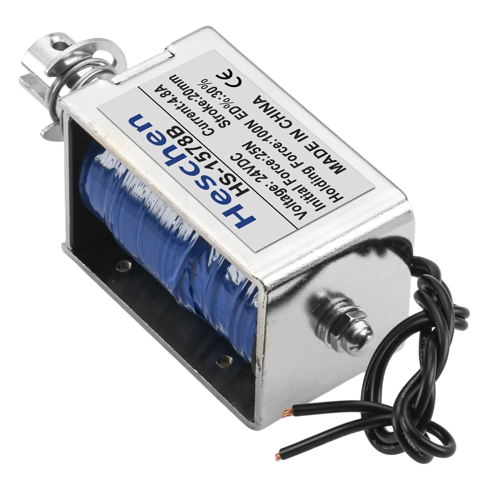 Heschen Electroimán de solenoide, HS-1578B, DC24V 3.2A, carrera de 25mm, fuerza 50N, tipo Push Pull Tipo, marco abierto, movimiento lineal