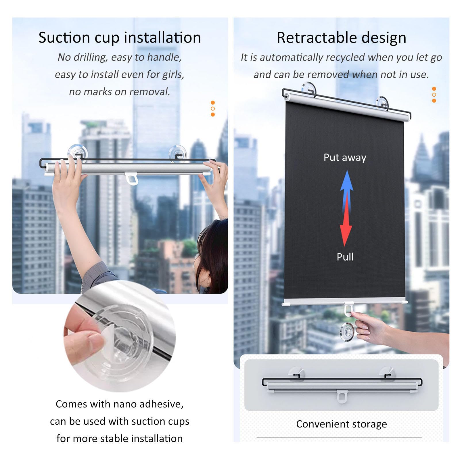 Store enrouleur occultant rétractable de 30 à 68 cm, facile sans perçage, pour la maison et le bureau, solution d'installation temporaire de 68 x 120 cm