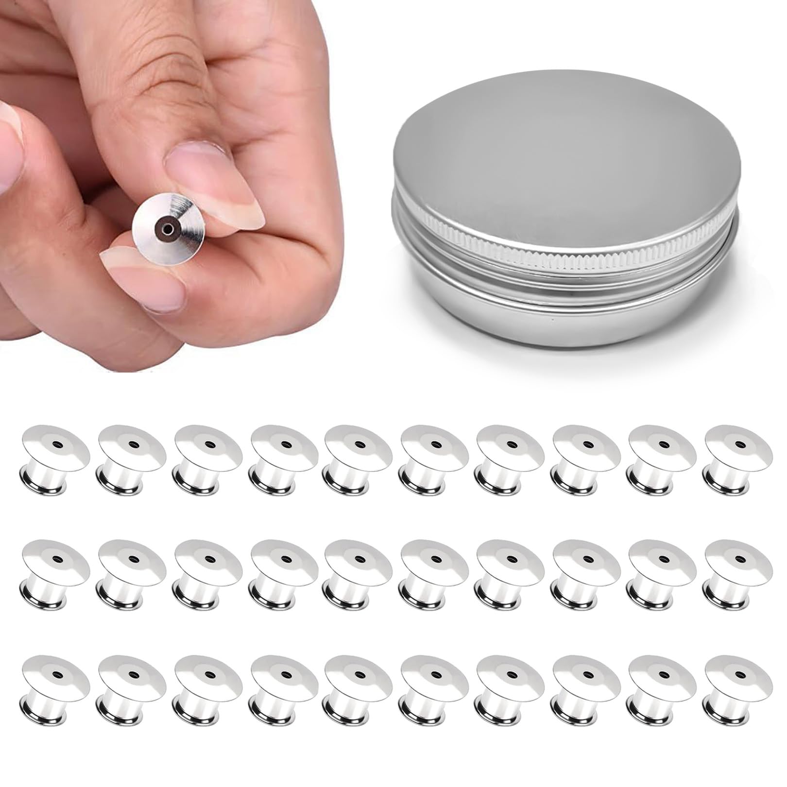 30 Pieces Locking Pin Keepers Backs, Metal PinLocks Replacement PinBacks, Metal Pin Badge Backs No Tool Required for Jewelry Brooches Badge Name Tags Crafts DIY with a Box (Silver)
